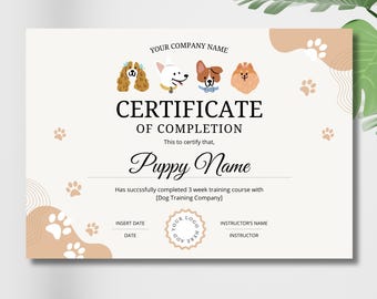 Dog Training Certificate Template, Editable in Canva, Printable Instant Download, Customizable Award for Recognition