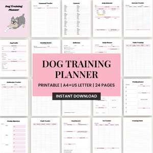 May include: A pink dog training planner with 24 pages, featuring a cartoon dog on the cover. The planner includes sections for daily behavior, exercise, and medication tracking. The text "DOG TRAINING PLANNER" is prominently displayed.