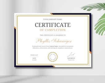 Editable Certificate of Completion Template: Printable Canva Award (Digital Download)