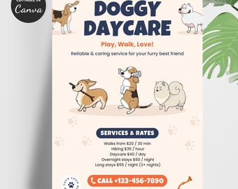 Szablon ulotki dla psiego przedszkola: edytowalny marketing opiekuna zwierząt (Canva)