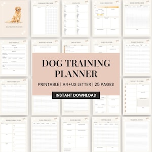 Puede incluir: Un planificador de entrenamiento para perros con una portada beige con una ilustración de un golden retriever. El planificador incluye páginas para el seguimiento de comandos, el comportamiento diario, el ejercicio y más. El texto dice "DOG TRAINING PLANNER PRINTABLE | A4+US LETTER | 25 PAGES INSTANT DOWNLOAD".