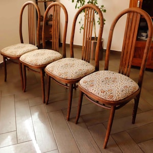 Set of Four Bentwood TON Chairs from the 1970s with Floral Upholstery