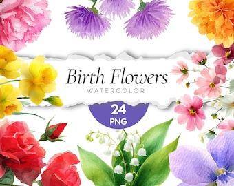 Könnte beinhalten: Aquarellillustration verschiedener Geburtsblumen, darunter rosa Pfingstrosen, gelbe Narzissen, rote Rosen und lila Astern. Das Bild enthält den Text "Birth Flowers Watercolor" und einen lila Kreis mit "24 PNG".