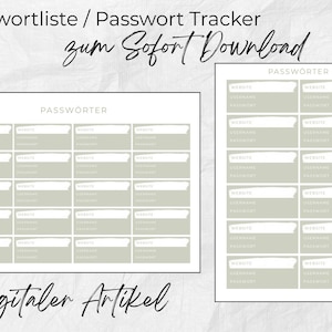 Könnte beinhalten: Druckbarer digitaler Passwort-Tracker in zwei Größen. Das Design hat ein hellgrünes und weißes Farbschema mit Feldern für Website, Benutzername und Passwort. Der Text oben lautet "Passwortliste / Passwort-Tracker" und "Sofort-Download".