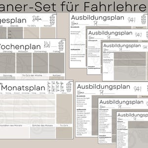 May include: A set of printable planners for driving instructors. The planners include a daily, weekly, and monthly planner, as well as training plans for driving lessons. The planners are designed with a light brown background and feature a car icon.