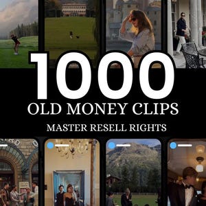 以下が含まれることがあります： ゴルフをしている人、緑の芝生のある建物、青と白のストライプのシャツを着た人、ドアに立っている人など、さまざまなシーンが写っているコラージュ。黒い背景に白い大きな文字で「1000 Old Money Clips Master Resell Rights」というテキストが表示されています。