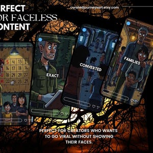 May include: A digital art piece with four phone-shaped images, each depicting a different scene with cartoon characters. Text on the images includes "EXACT", "CONVERTED", and "FAMILIES". The top text reads "PERFECT FOR FACELESS CONTENT".