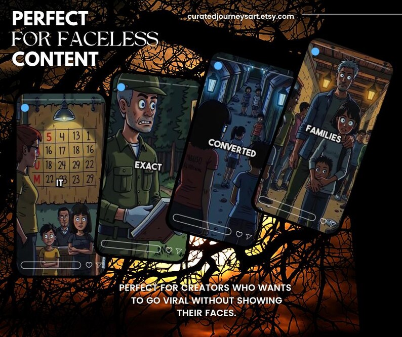 May include: A digital art piece with four phone-shaped images, each depicting a different scene with cartoon characters. Text on the images includes "EXACT", "CONVERTED", and "FAMILIES". The top text reads "PERFECT FOR FACELESS CONTENT".
