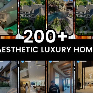 May include: A collage of images showcasing luxury homes. The text "200+ AESTHETIC LUXURY HOME" is displayed in large white letters on a black background. The images include interior and exterior views of modern and traditional houses.