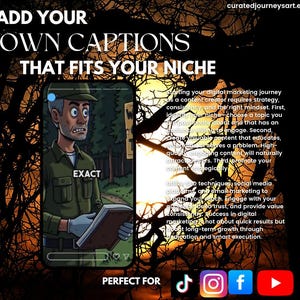 May include: Image promoting digital marketing with text "ADD YOUR OWN CAPTIONS THAT FITS YOUR NICHE". It features a cartoon of a man holding a book, with the word "EXACT" on the image. Social media icons for TikTok, Instagram, Facebook, and YouTube are at the bottom.