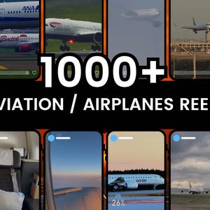 Könnte beinhalten: Social-Media-Post zum Thema Luftfahrt mit mehreren Flugzeugbildern, darunter ein landendes Flugzeug und Innenaufnahmen. Der Text-Overlay lautet "1000+ AVIATION / AIRPLANES REELS". Die Post zeigt verschiedene Flugzeuge und Flughafenszenen.