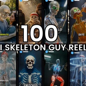 Puede incluir: Un collage de ocho imágenes de arte digital que presentan figuras de esqueletos en varias poses y entornos. El texto "100" se muestra de forma destacada, junto con "AI SKELETON GUY REELS" y otras palabras como "MINUTE", "DAYS" y "SWITCHED". Las imágenes tienen un estilo de arte digital.