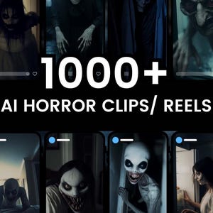 Op de afbeelding: Een promotieafbeelding met een verzameling AI-gegenereerde horrorclips en -reels. De afbeelding toont verschillende griezelige figuren en scènes, met de tekst "1000+ AI HORROR CLIPS/ REELS" in het wit tegen een zwarte achtergrond. Het algemene thema is horror en spanning.