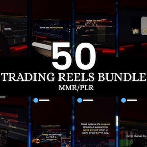 May include: A collage of images showing stock market charts and text overlays. The text includes "I can fix that", "SURE", "GIVE ME MORE PAIN", "50 TRADING REELS BUNDLE MMR/PLR", "Today is your day", "Can't believe it's August already. I guess time goes by fast when u work every fun day.", and "never change the goal".