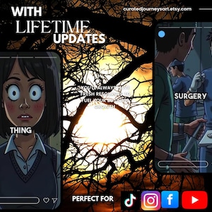 May include: Digital art featuring two comic-style illustrations within social media frames. One shows a woman with wide eyes, the other a medical scene with the word "SURGERY." Text includes "WITH LIFETIME UPDATES" and "THING."