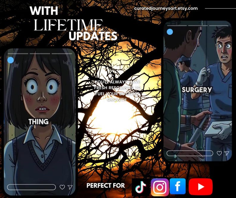May include: Digital art featuring two comic-style illustrations within social media frames. One shows a woman with wide eyes, the other a medical scene with the word "SURGERY." Text includes "WITH LIFETIME UPDATES" and "THING."