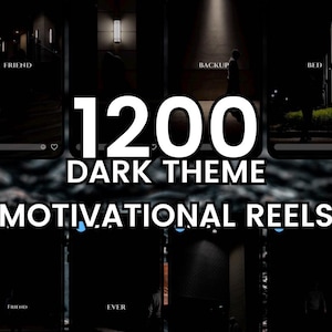 Puede incluir: Gráfico oscuro con el texto "1200 DARK THEME MOTIVATIONAL REELS". La imagen se divide en secciones, cada una con una silueta sobre un fondo oscuro, con palabras como "FRIEND" y "BACKUP".