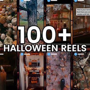 May include: A collection of Halloween-themed images, featuring pumpkins, a spooky house, and autumn scenes. The text "100+ HALLOWEEN REELS" is overlaid, alongside reminders about the approaching season.