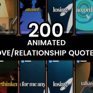 Può includere: Un'immagine digitale con il testo "200 ANIMATED LOVE/RELATIONSHIP QUOTES." L'immagine presenta illustrazioni animate con parole come "attuned", "losing" e "according". Il tema è incentrato sull'amore e sulle relazioni.