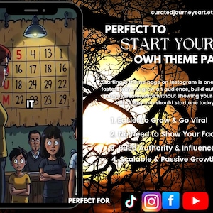 May include: A digital art image on a smartphone screen. The image shows a classroom scene with a calendar and text that reads "PERFECT TO START YOUR OWN THEME PAGE". The image also includes social media icons.