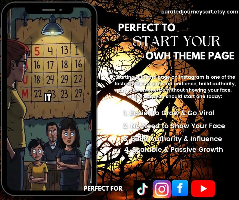 May include: A digital art image on a smartphone screen. The image shows a classroom scene with a calendar and text that reads "PERFECT TO START YOUR OWN THEME PAGE". The image also includes social media icons.