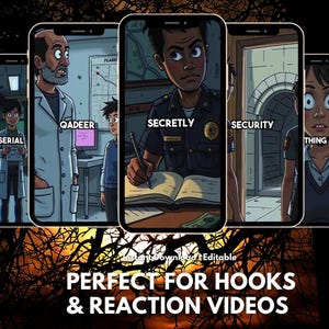 May include: A series of digital illustrations displayed on smartphones. Each depicts a different scene with characters and text labels like "SERIAL," "QADEER," and "SECRETLY." The bottom of the image includes the text "PERFECT FOR HOOKS & REACTION VIDEOS."