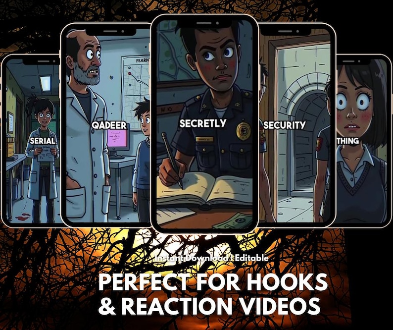 May include: A series of digital illustrations displayed on smartphones. Each depicts a different scene with characters and text labels like "SERIAL," "QADEER," and "SECRETLY." The bottom of the image includes the text "PERFECT FOR HOOKS & REACTION VIDEOS."