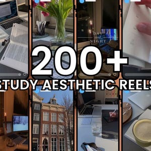 Puede incluir: Un collage de escenas de estudio estéticas, con portátiles, cuadernos y varios elementos relacionados con el estudio. El texto superpuesto dice "200+ STUDY AESTHETIC REELS". Las imágenes muestran diversos entornos de estudio.