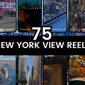 以下が含まれることがあります： 黒い背景に白い文字で「75 NEW YORK VIEW REELS」と書かれたデジタルディスプレイ。画像には、都市景観や街並みなど、ニューヨークのさまざまな景色を表示する複数のスマートフォンの画面が表示されています。