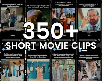 Puede incluir: Una colección de clips de películas cortas, cada uno con un título y una imagen fija de la película. El texto "350+ SHORT MOVIE CLIPS" se muestra. Los clips cubren varios temas, incluyendo traición, dramas médicos e historias de la alta sociedad.