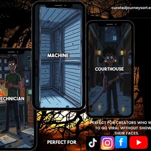 May include: Digital art print featuring three smartphone screens displaying stylized illustrations. The screens show a technician, a machine, and a courthouse scene. Text includes "TECHNICIAN", "MACHINE", and "COURTHOUSE". The image promotes going viral without showing faces.