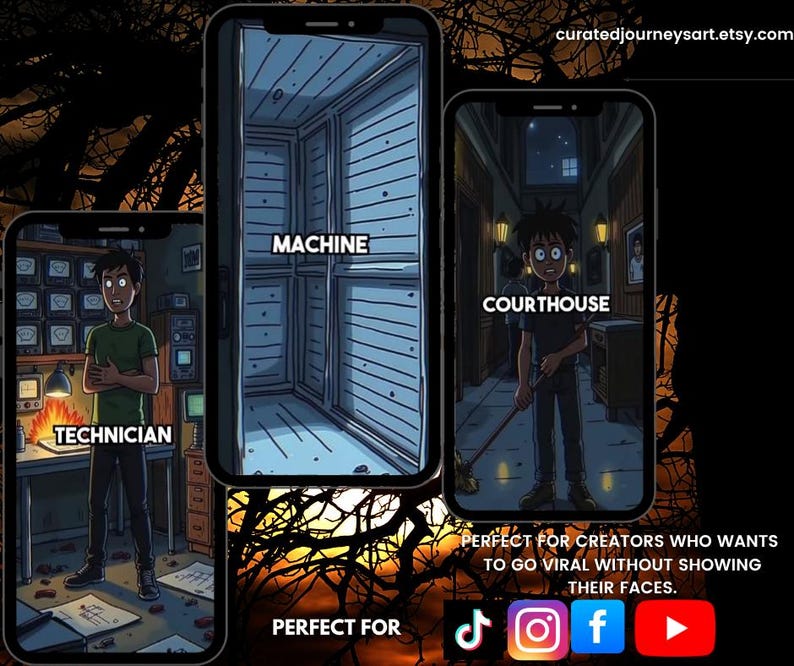 May include: Digital art print featuring three smartphone screens displaying stylized illustrations. The screens show a technician, a machine, and a courthouse scene. Text includes "TECHNICIAN", "MACHINE", and "COURTHOUSE". The image promotes going viral without showing faces.