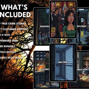 May include: An advertisement graphic with the text "WHAT'S INCLUDED" and bullet points listing features like "150+ TRUE CRIME STORIES" and "24/7 CUSTOMER SUPPORT." The image includes illustrations of crime scenes and characters, with the words "DISAPPEA," "TO," "XPLORER," "MACHINE," and "TECHNIC."