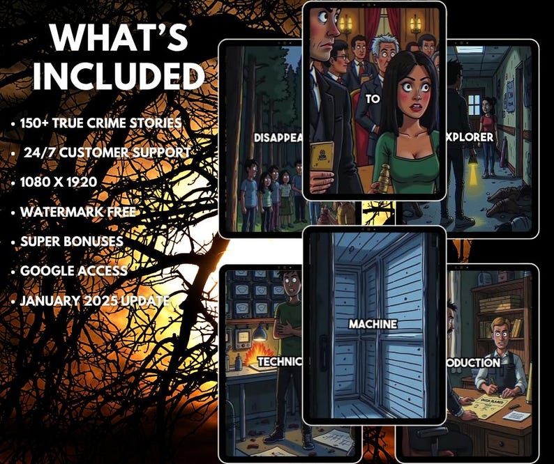May include: An advertisement graphic with the text "WHAT'S INCLUDED" and bullet points listing features like "150+ TRUE CRIME STORIES" and "24/7 CUSTOMER SUPPORT." The image includes illustrations of crime scenes and characters, with the words "DISAPPEA," "TO," "XPLORER," "MACHINE," and "TECHNIC."