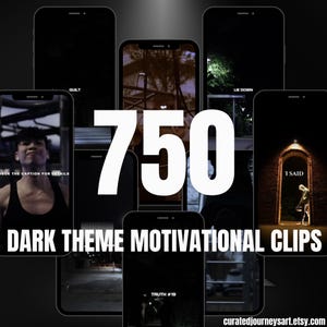 Peut inclure: Un collage de neuf écrans de téléphone à thème sombre avec des citations motivantes, notamment "Guilt", "Lie Down", "1 Said" et "Truth #19". Le texte "750 Dark Theme Motivational Clips" est affiché en grande police blanche en bas de l'image.