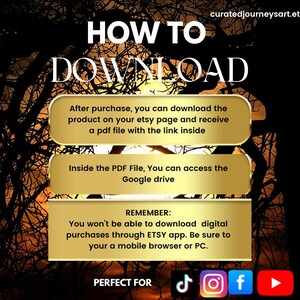 May include: A digital download guide with instructions on how to download a product from Etsy. The guide includes text on accessing the product after purchase, accessing a PDF file, and accessing the Google Drive. The guide also includes social media icons.