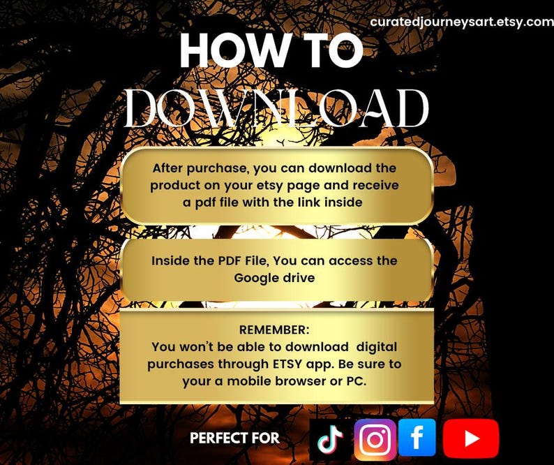 May include: A digital download guide with instructions on how to download a product from Etsy. The guide includes text on accessing the product after purchase, accessing a PDF file, and accessing the Google Drive. The guide also includes social media icons.