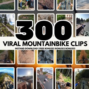 May include: A collection of mountain biking images, with the number "300" in a large black font. The text "VIRAL MOUNTAINBIKE CLIPS" is displayed below, along with details about instant download and free bonuses.