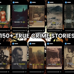 May include: A collection of Instagram-style graphics, each featuring a different true crime story. The images have a vintage aesthetic, with text overlays such as "WENT GROCERY SHOPPING" and "150+ TRUE CRIME STORIES". The overall theme is dark and mysterious.