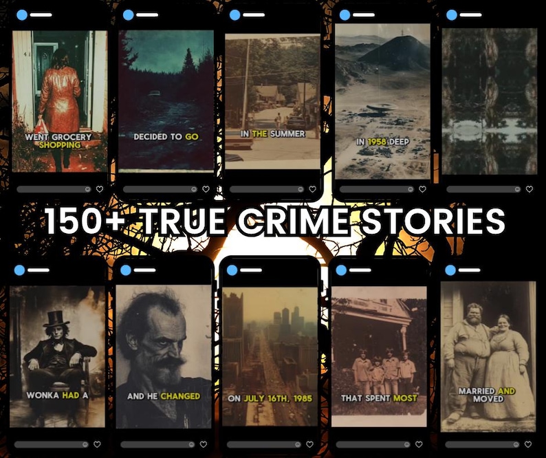 May include: A collection of Instagram-style graphics, each featuring a different true crime story. The images have a vintage aesthetic, with text overlays such as "WENT GROCERY SHOPPING" and "150+ TRUE CRIME STORIES". The overall theme is dark and mysterious.