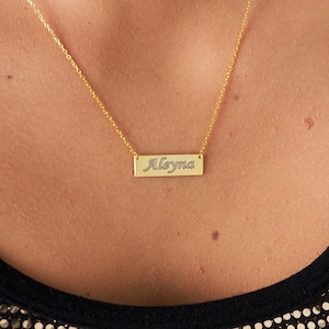 14K Gold Bar Necklace, Personalized Bar Necklace, Custom Name Bar Necklace Engravable Horizontal Bar Necklace, Gift for Her