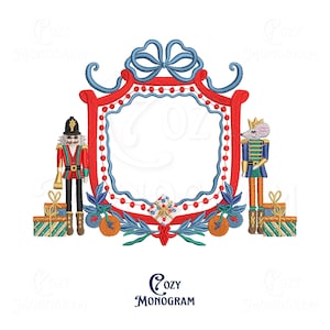May include: A festive design featuring a red and blue frame with a bow, adorned with a nutcracker and a mouse king. The frame is decorated with ornaments and gifts, perfect for holiday-themed crafts or decor.