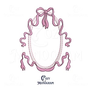 Bow Ribbon Oval  Crest Frame Machine Embroidery Design, Girly Monogram Frame Digital file  6 sizes Classic Vintage Digital Embroidery Design