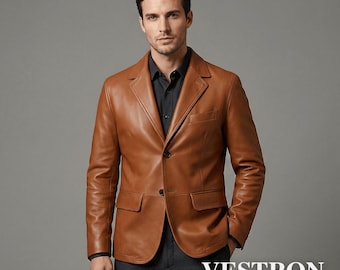 Men's Brown Leather Blazer - Genuine Cowhide Leather Sport Coat