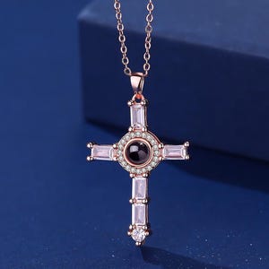 Personalized Photo Projection Necklace with Cross Charm – Custom Memorial Necklace for Women, Unique Gift for Her with Picture Inside