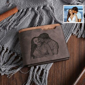 Billetera personalizada para hombre con foto grabada personalizada, regalos de aniversario personalizados para él, billetera grabada a mano, regalo del día del padre