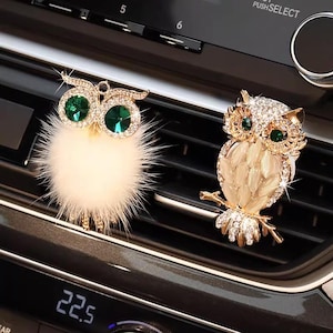 Può includere: Due clip decorative a forma di gufo per bocchette d'aria per auto. Un gufo ha un corpo bianco soffice e occhi di gemme verdi. L'altro gufo è dorato con accenti di gemme chiare e verdi, appollaiato su un ramo. Entrambi sono impreziositi da strass.