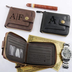 Cartera personalizada para hombre con caja de regalo personalizada, cartera de cuero grabada, cartera con cremallera personalizada para hombre, regalo de aniversario para él, regalos para papá
