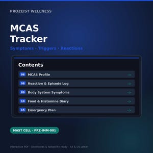 Peut inclure: Un document numérique MCAS Tracker de Prozeist Wellness sur fond bleu foncé. La liste du contenu comprend MCAS Profile, Reaction & Episode Log, Body System Symptoms, Food & Histamine Diary et Emergency Plan. C'est un PDF interactif.