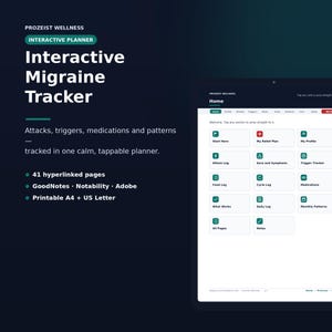 May include: A digital interactive migraine tracker planner by Prozeist Wellness displayed on a tablet screen. The interface features a home dashboard with tappable cards for tracking attacks, triggers, medications, and patterns, including 41 hyperlinked pages.